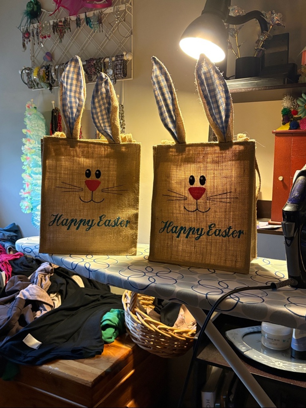 Easter Bunny Burlap Tote Bag with Gingham Ears - Set of 2